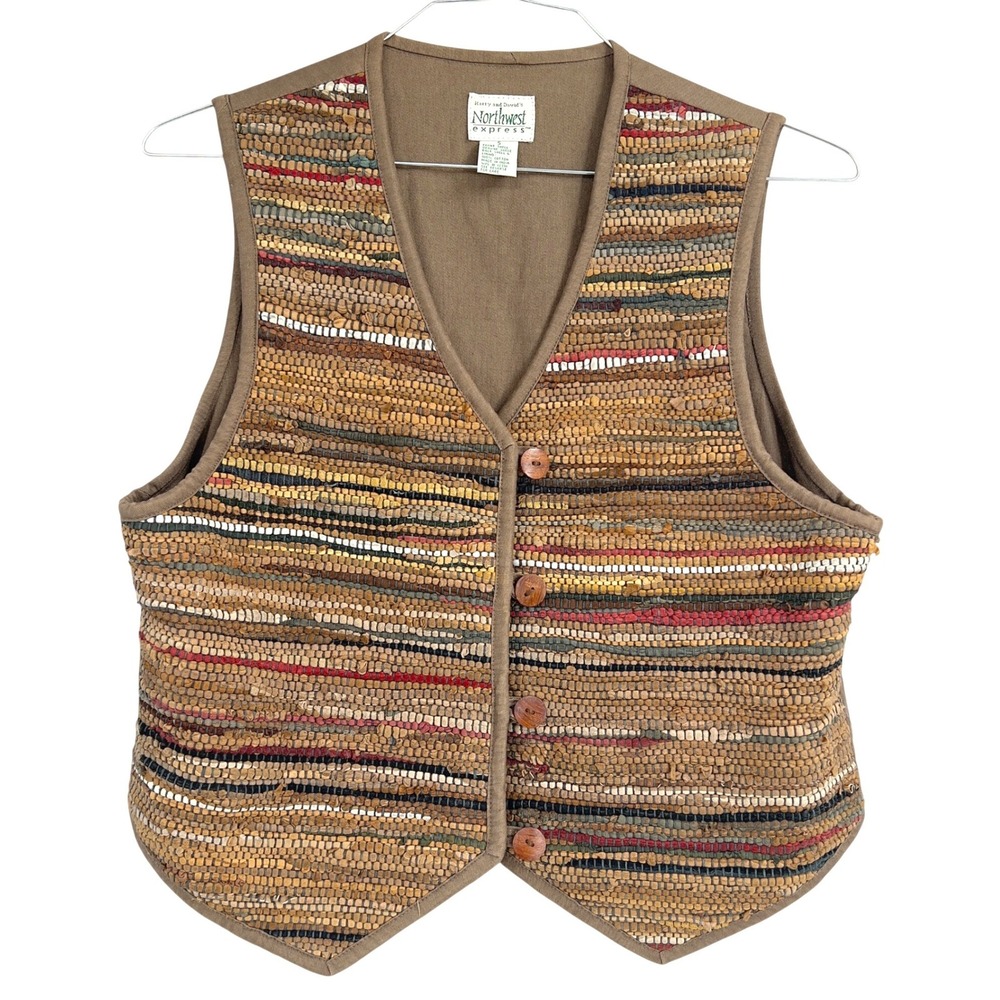 Womens Handmade Woven Suede Rag Rug Vest Earthtones S Vintage‎ Southwestern
